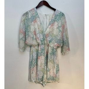 NWOT Sadie & Sage Sz Med Romper White w Botanical Monstera Embroidary